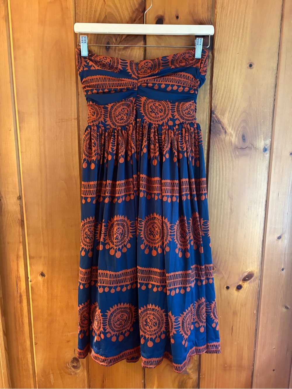 Strapless Navy and Rust Printed Midi Skirt